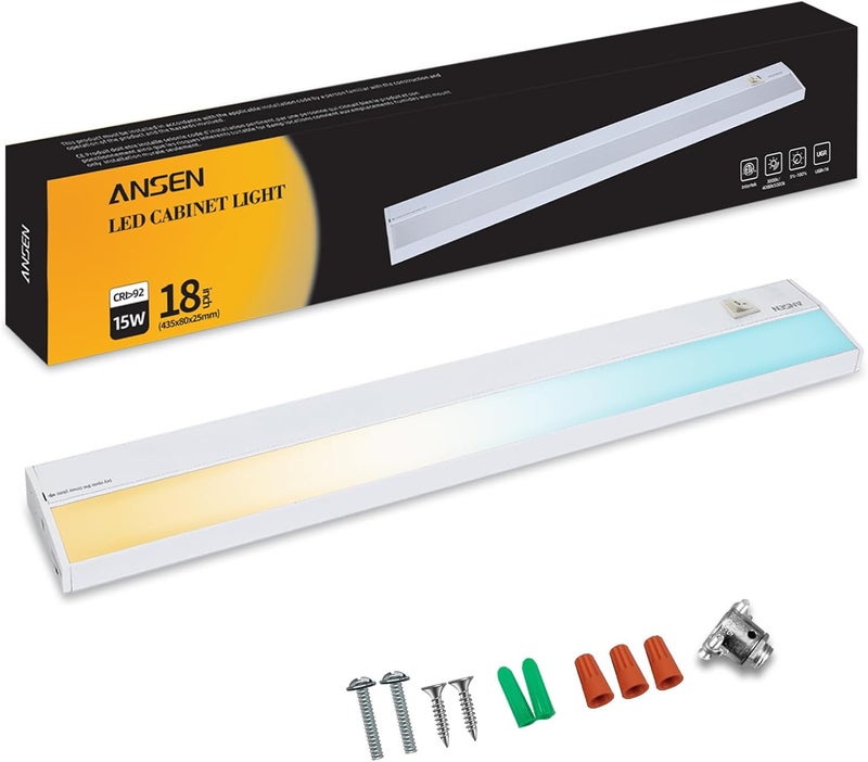 Ansen Hardwired Under Cabinet Lighting, 18inch 15W LED Light for Kitchen/Closet, 998.4lm, CRI>92, R9>90, Dimmable, 3 Color Temperature, 3000K/4000K/5000K(Warm White, Cool White, Daylight) - Image 1